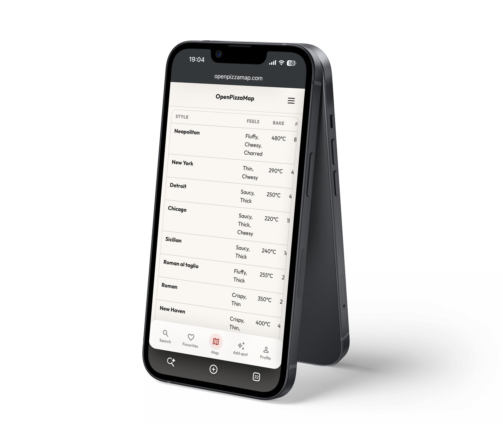 The pizza finder's style comparison table on a phone, listing nine styles with their feel and bake temperature.