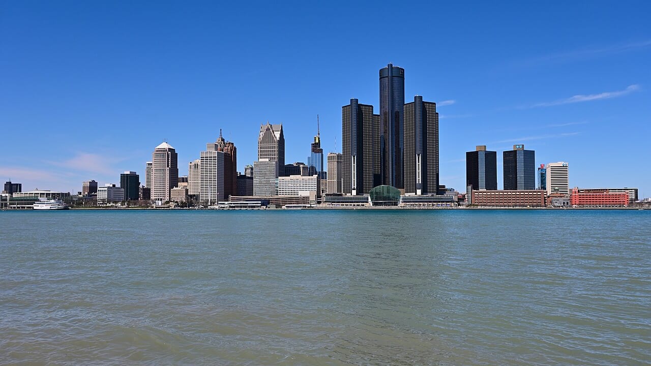 Renaissance Center and Detroit skyline, viewed across the Detroit River from Windsor, Ontario